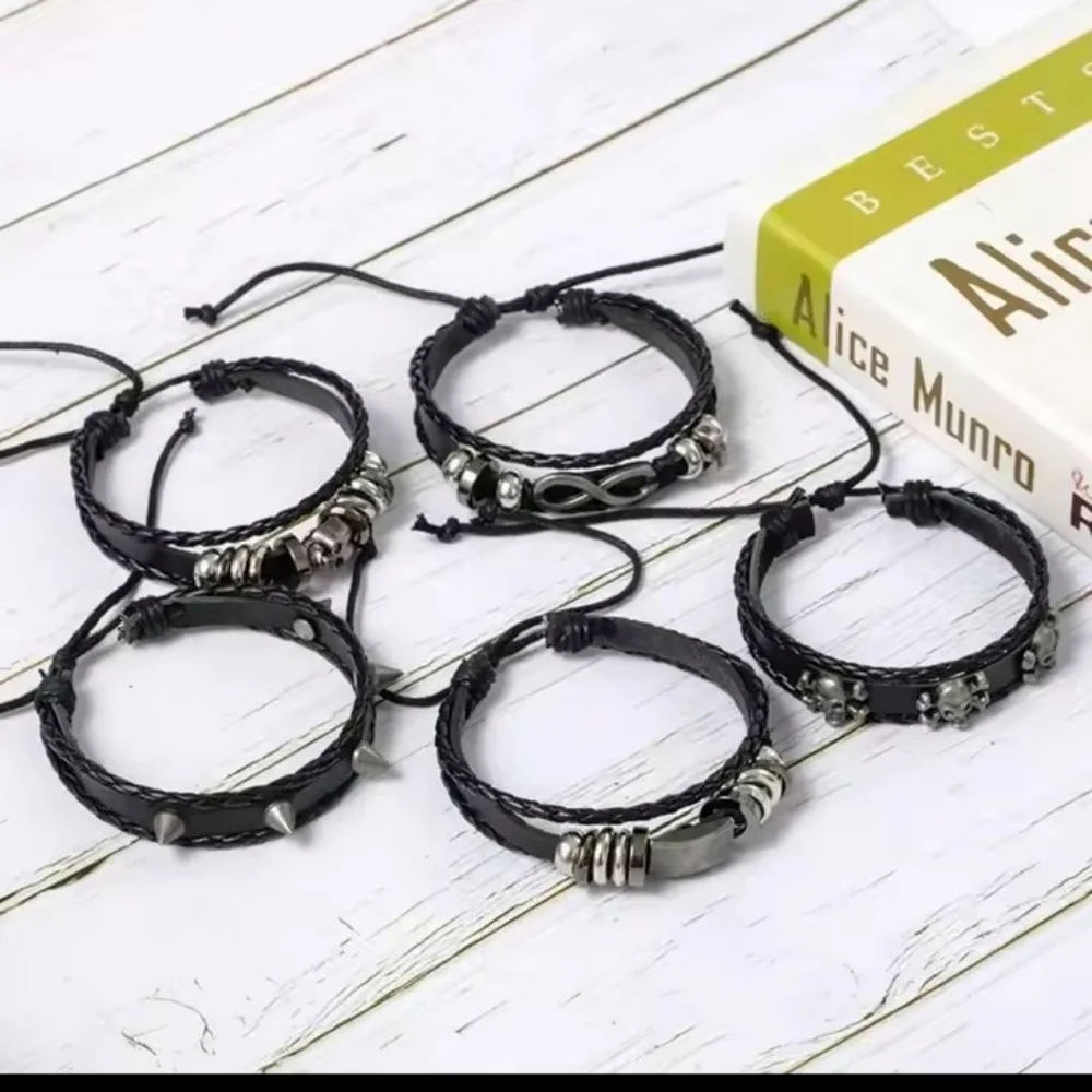 Men's Leather Bracelets Set Black Skulls‎ Stars Layered New f88